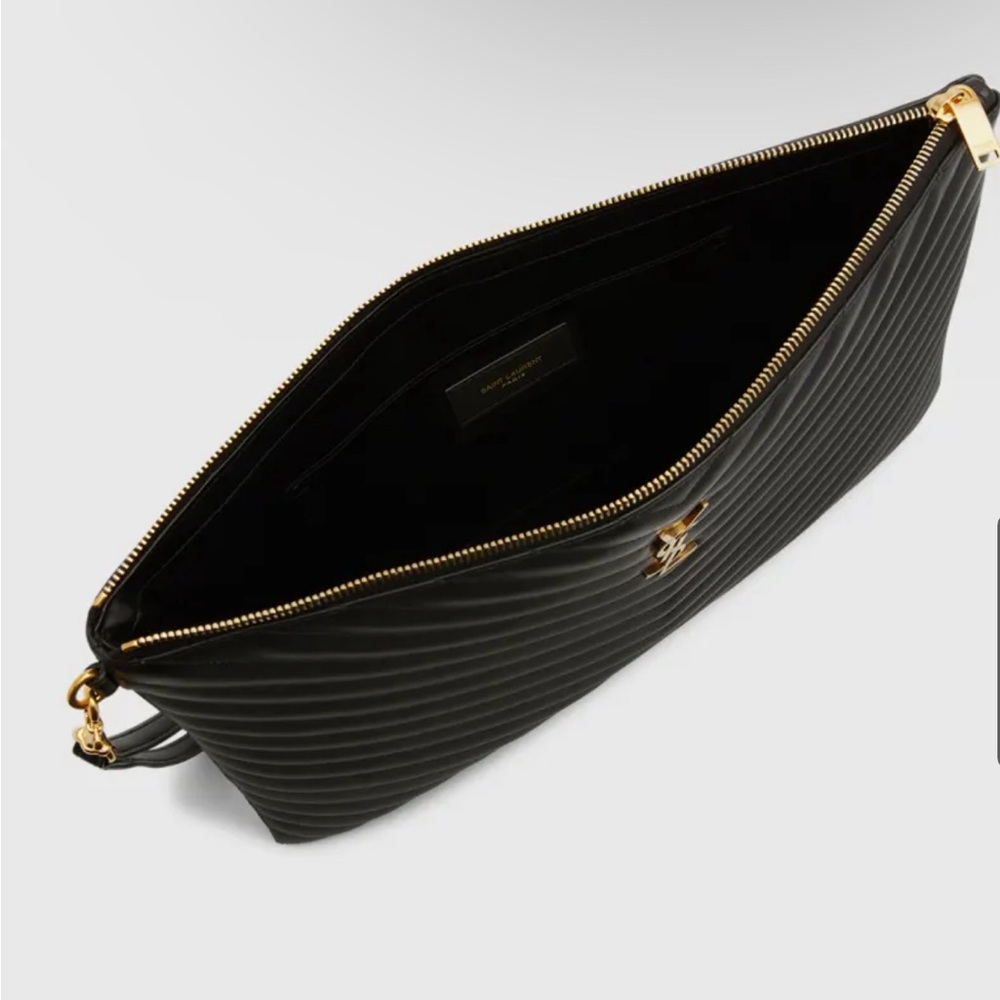 Authentic Monogram YSL Large Chevron Quilted Flat Wristlet Pouch, Black